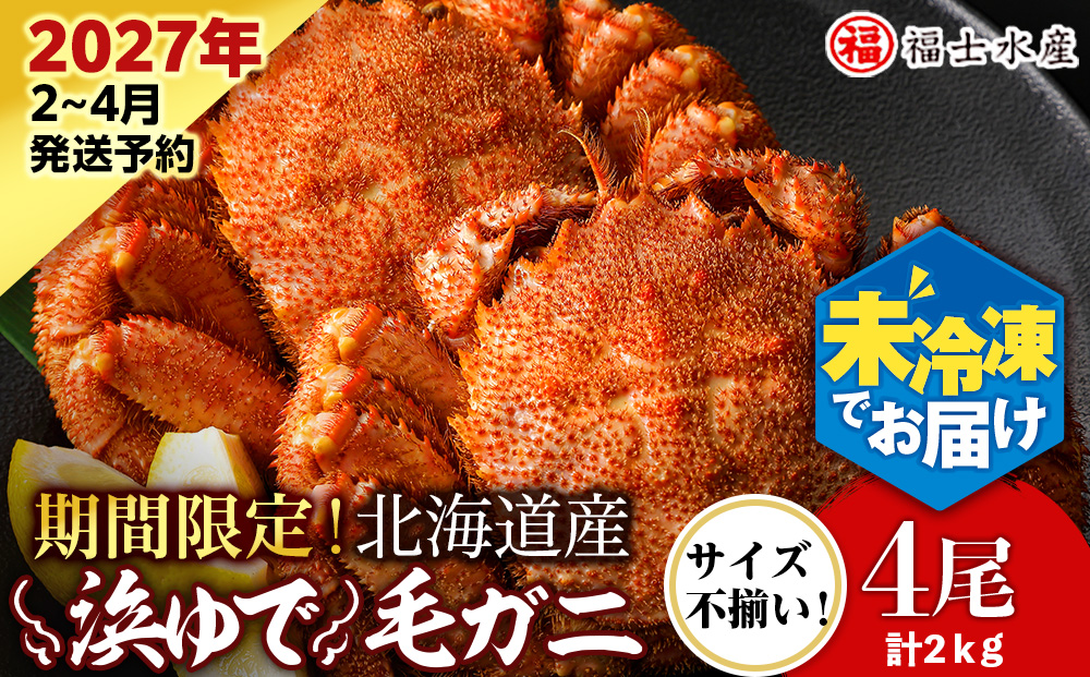 【2027年発送予約】チルドでお届け！ 浜茹で毛ガニ中サイズ４尾（不揃い合計約2kg） 〈福士水産〉