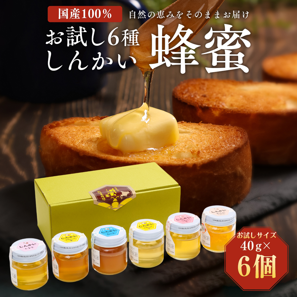 国産天然 しんかい蜂蜜おためしセット (40g×6本) ( ふるさと納税 はちみつ アカシア蜂蜜 クローバー蜂蜜 トチ蜂蜜 菩提樹(シナ)蜂蜜 りんご蜂蜜 森の蜜 国産 ハチミツ セット 北海道 遠軽町 株式会社 新海養蜂場 ) en01-00158