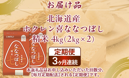 【3ヶ月定期配送】（精米4kg）ホクレン喜ななつぼし（2kg×2袋） TYUA104