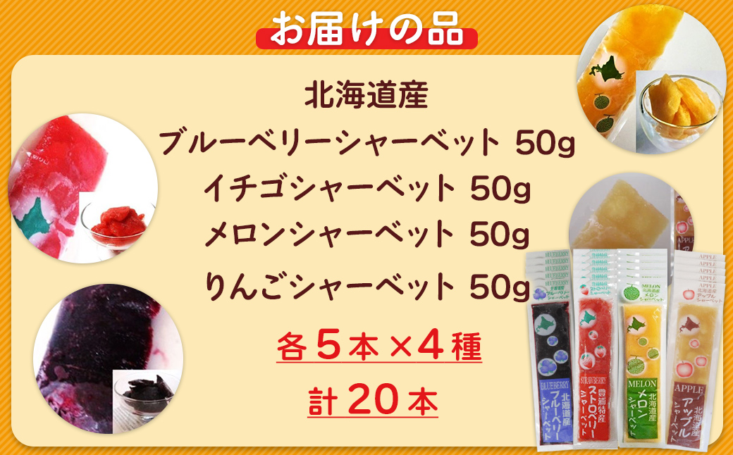 北海道 豊浦町 シャーベット 4種 味くらべ 各5本ずつ（ ブルーベリー、いちご、メロン、りんご ）イチゴ めろん リンゴ 食べ比べ アイス デザート 夏 冷たい TYUN019