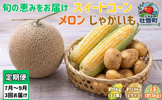 【先行予約】【3回定期便】赤肉メロン2玉＋スイートコーン約5kg(13本)＋じゃがいも(とうや)約10kg 旬のフルーツ・野菜定期便＜7月下旬・8月上旬・9月下旬お届け＞ SBTN014
