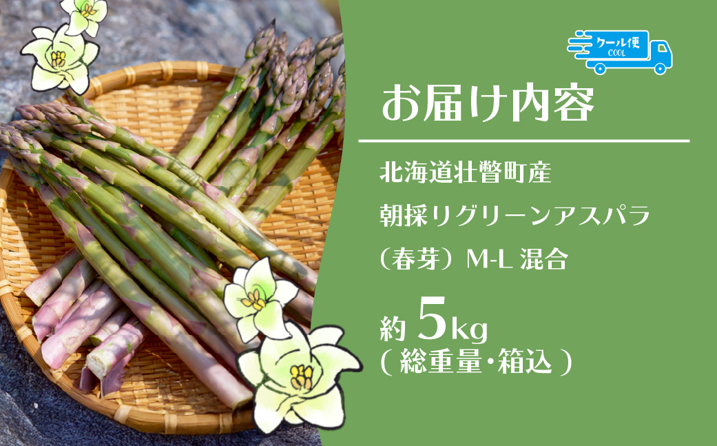【2026年予約】朝採りグリーンアスパラ（春芽）M-L混合 約5kg 北海道壮瞥町産 SBTAJ037
