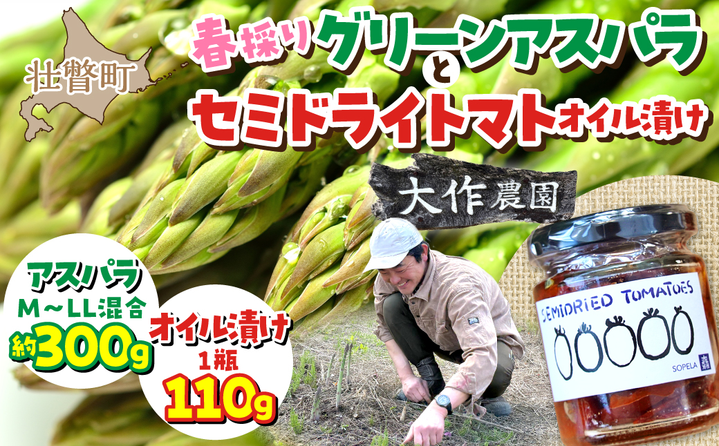 <2026年4月中旬よりお届け>北海道壮瞥産 大作農園の「春採りグリーンアスパラM～LL混合」約300gとセミドライトマトオイル漬け1瓶（110g）のセット SBTR009