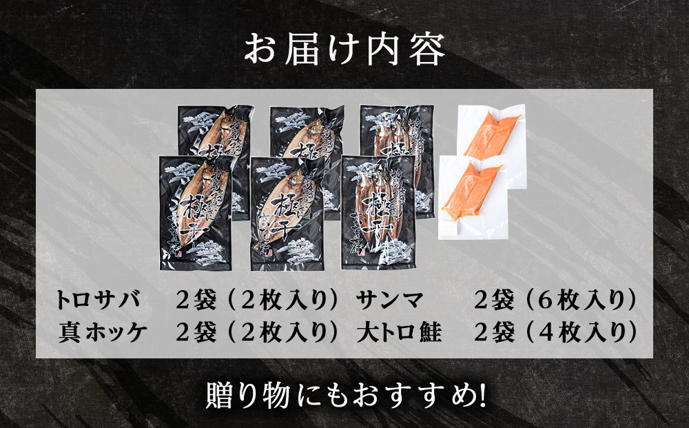 【さかな屋本舗至極のセット！】　特大とろさば・特大真ほっけ・秋刀魚・大とろ鮭　各2枚　