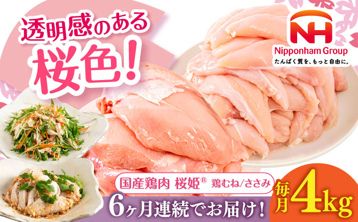 【全6回定期便】桜姫ヘルシーセット 計4kg（鶏むね・ささみ 各2kg）《厚真町》【東日本フード株式会社】 桜姫 国産鶏肉 鶏肉 鶏 むね肉 ムネ ささみ ささみ肉 冷凍 北海道 [AXBM060]