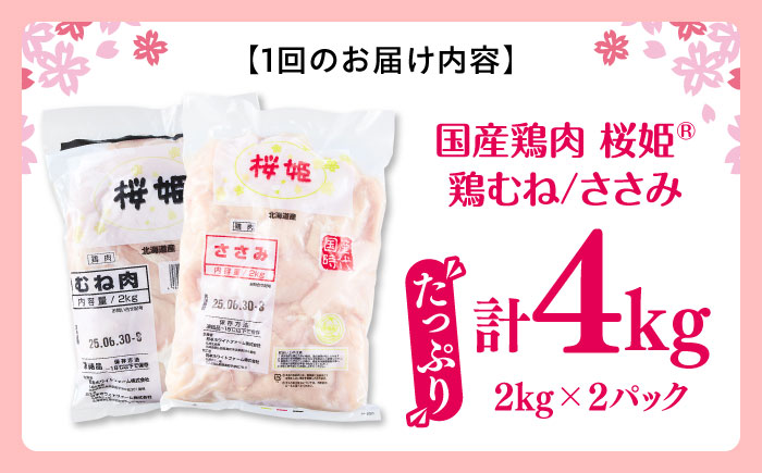 【全6回定期便】桜姫ヘルシーセット 計4kg（鶏むね・ささみ 各2kg）《厚真町》【東日本フード株式会社】 桜姫 国産鶏肉 鶏肉 鶏 むね肉 ムネ ささみ ささみ肉 冷凍 北海道 [AXBM060]