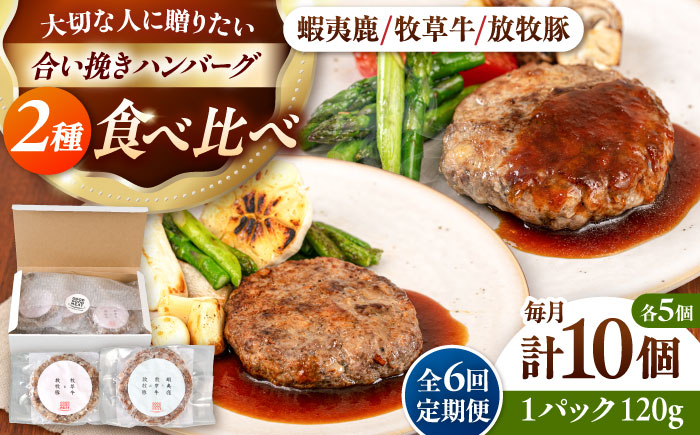 【全6回定期便】ハンバーグ 食べ比べ 10個セット（蝦夷鹿/牧草牛/放牧豚）《厚真町》【GOODGOOD株式会社】 ハンバーグ ギフト 鹿肉 牛肉 豚肉 セット 食べ比べ 小分け 冷凍配送 北海道 [AXBP048]