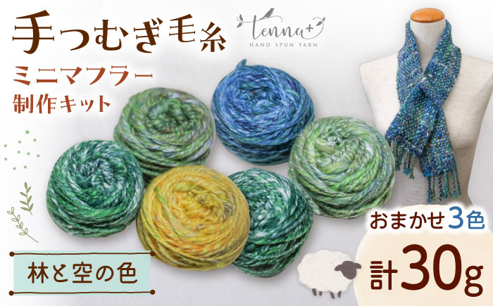 手つむぎ毛糸 ミニマフラー 製作キット 林と空の色セット《厚真町》【tenna+】手つむぎ 手紡ぎ 手紡ぎ毛糸 毛糸 ウール 羊毛 手芸 手づくり ハンドメイド 北海道 [AXAY002]