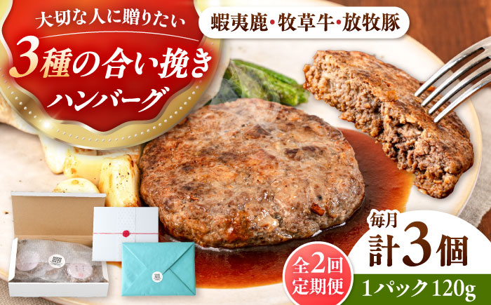【全2回定期便】 【蝦夷鹿×牧草牛×放牧豚】ハンバーグ 3個 《厚真町》【GOODGOOD株式会社】 ハンバーグ ギフト 鹿肉 牛肉 豚肉 小分け 冷凍配送 北海道 [AXBP014]