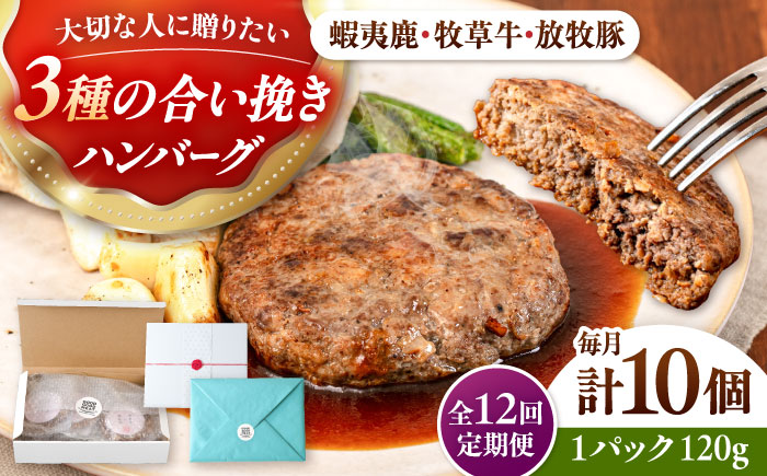 【全12回定期便】【蝦夷鹿×牧草牛×放牧豚】ハンバーグ 10個《厚真町》【GOODGOOD株式会社】 ハンバーグ ギフト 鹿肉 牛肉 豚肉 小分け 冷凍配送 北海道 [AXBP033]