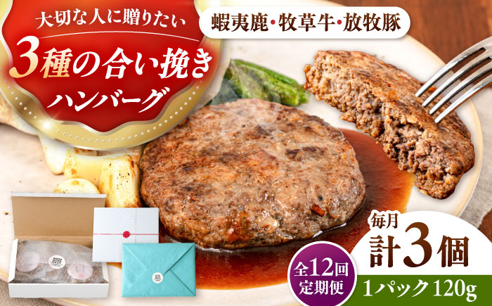 【全12回定期便】 【蝦夷鹿×牧草牛×放牧豚】ハンバーグ 3個 《厚真町》【GOODGOOD株式会社】 ハンバーグ ギフト 鹿肉 牛肉 豚肉 小分け 冷凍配送 北海道 [AXBP017]