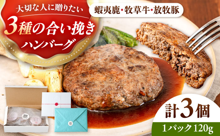 【蝦夷鹿×牧草牛×放牧豚】ハンバーグ 3個 《厚真町》【GOODGOOD株式会社】 ハンバーグ ギフト 鹿肉 牛肉 豚肉 小分け 冷凍配送 北海道 [AXBP012]
