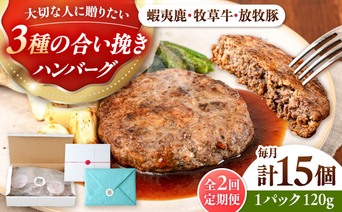 【全2回定期便】【蝦夷鹿×牧草牛×放牧豚】ハンバーグ 15個《厚真町》【GOODGOOD株式会社】 ハンバーグ ギフト 鹿肉 牛肉 豚肉 小分け 冷凍配送 北海道 [AXBP034]