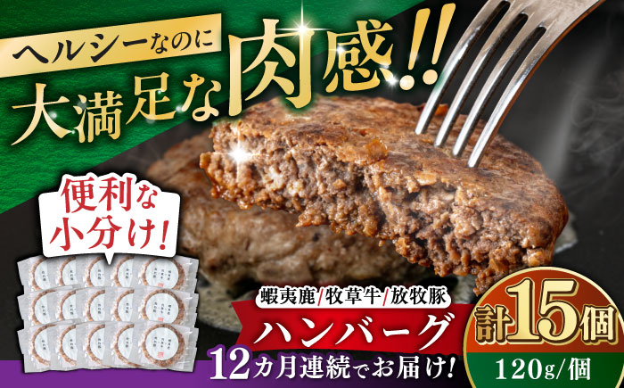 【全12回定期便】【蝦夷鹿×牧草牛×放牧豚】ハンバーグ 15個《厚真町》【GOODGOOD株式会社】 ハンバーグ 鹿肉 牛肉 豚肉 小分け 冷凍配送 北海道 [AXBP037]