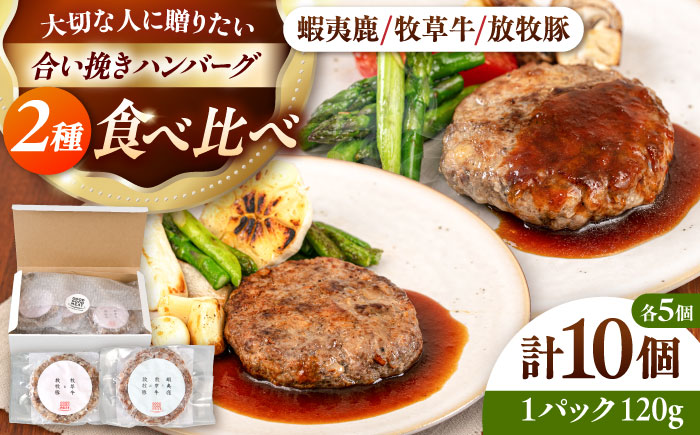 ハンバーグ 2種 食べ比べ 10個セット【蝦夷鹿/牧草牛/放牧豚と放牧豚/牧草牛】【GOODGOOD株式会社】 ハンバーグ ギフト 鹿肉 牛肉 豚肉 セット 食べ比べ 小分け 冷凍配送 北海道 [AXBP009]