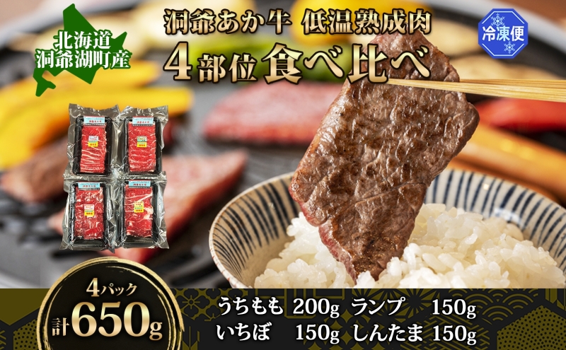  北海道 あか牛 焼肉用 低温熟成肉 4部位 食べ比べ セット 計650g うちもも いちぼ ランプ しんたま 牛肉 和牛 焼肉 BBQ 赤身 コク 柔らかい ジューシー ヘルシー 冷凍 小分け 産地直送 洞爺湖地場産品協同組合 送料無料 洞爺湖 