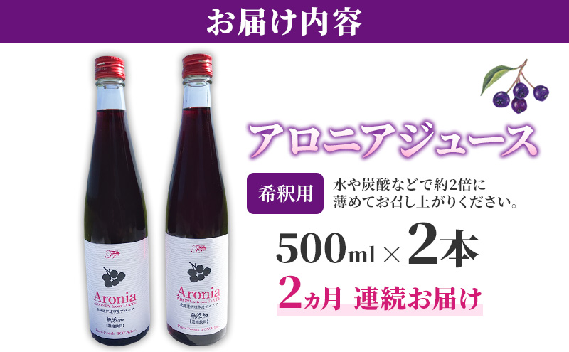 2ヵ月連続お届け 北海道産 アロニア ジュース 希釈用 500ml 2本 果汁 果実飲料 飲料 飲み物 フルーツ スーパーフード ポリフェノール ピュアフーズとうや 送料無料