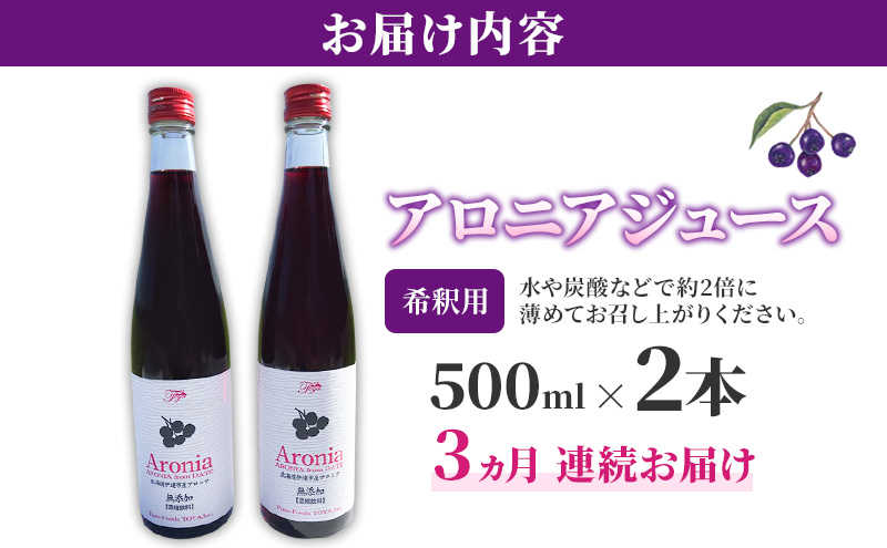 3ヵ月連続お届け 北海道産 アロニア ジュース 希釈用 500ml 2本 果汁 果実飲料 飲料 飲み物 フルーツ スーパーフード ポリフェノール ピュアフーズとうや 送料無料