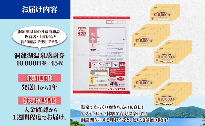 洞爺湖温泉感謝券 450000円 分 金券 クーポン 洞爺湖 湖 温泉 リゾート 有珠山 火山 自然 花火 イルミネーション 旅行 観光 宿泊 施設 北海道