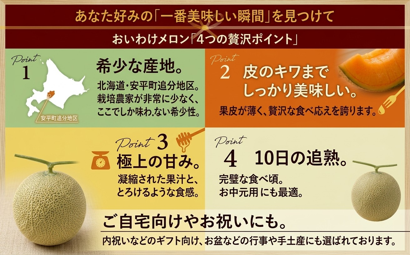 ＜数量限定＞おいわけメロン 糖度16度以上 大箱約8kg(4～6玉)_ メロン めろん 赤肉 赤肉メロン おいわけメロン 追分 数量限定 北海道 果物 くだもの フルーツ デザート 甘い 糖度 贈答 ギフト プレゼント 国産 産直 産地直送 送料無料 【1226767】