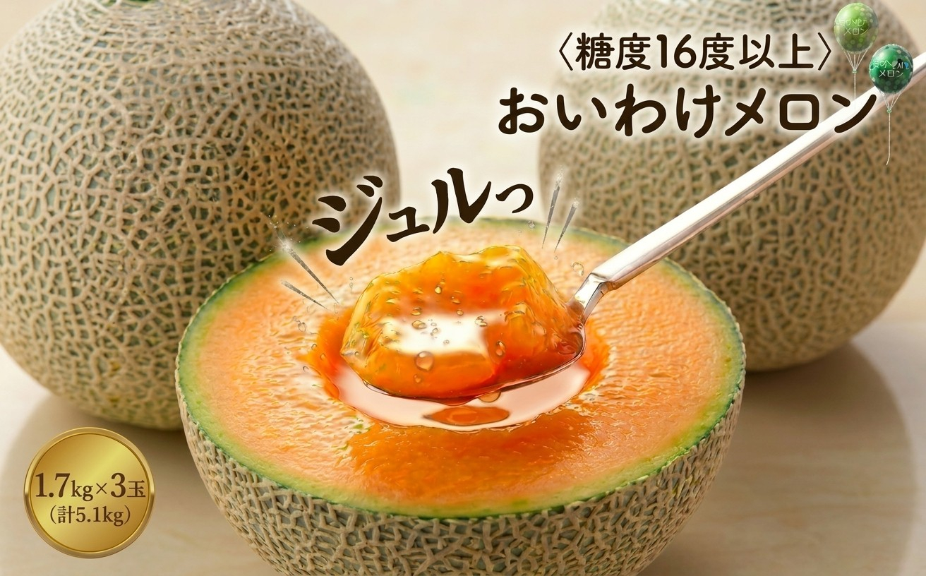 【数量限定】 おいわけメロン 糖度16度以上　1.7kg以上×3玉入【1000244】