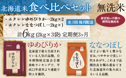 【3ヶ月定期配送】（無洗米6kg）食べ比べセット（ゆめぴりか、ななつぼし） MKWAI125