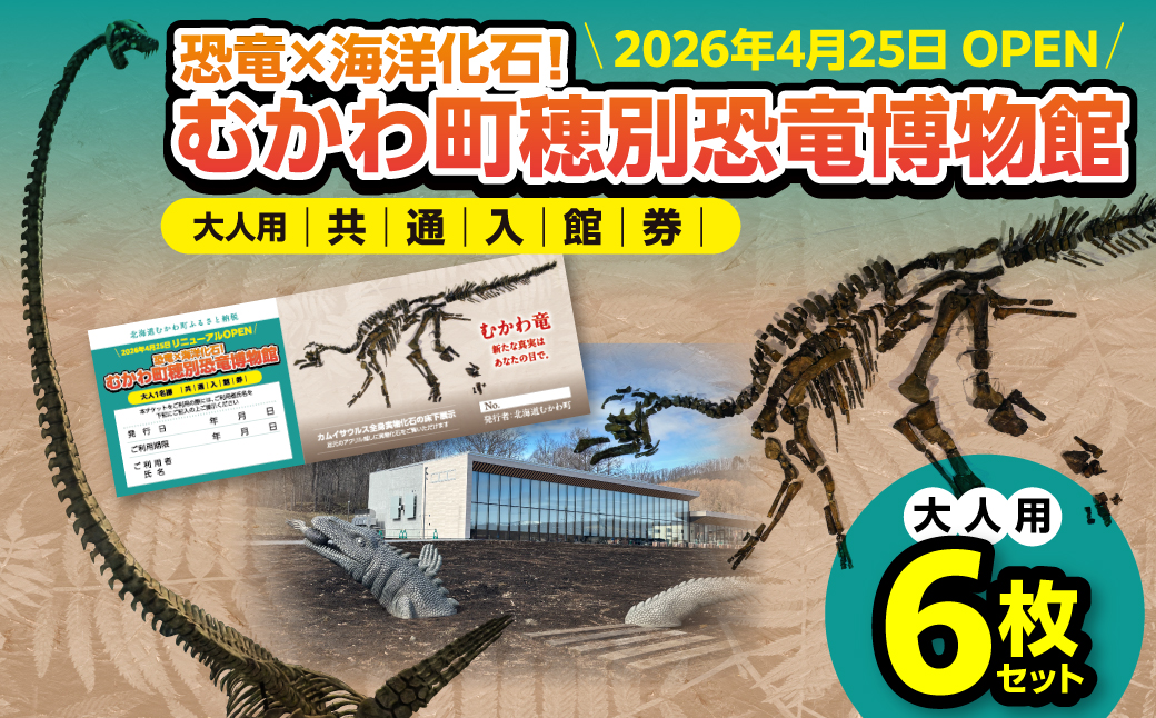 【令和8年4月25日OPEN】恐竜×海洋化石！むかわ町穂別恐竜博物館 共通入館券　大人用６枚セット MKWAM002