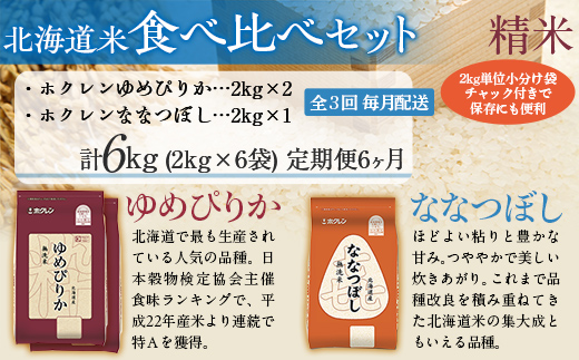 【6ヶ月定期配送】（精米6kg）食べ比べセット（ゆめぴりか、ななつぼし） MKWAI115