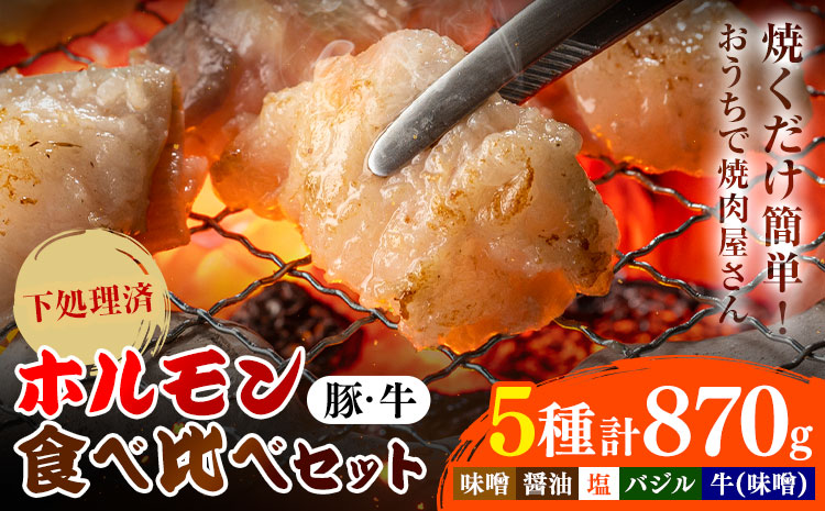 ホルモン ホルモン食べ比べセット 豚・牛ホルモン5種セット 有限会社シンボリ・フーヅ（焼肉レストラン食道園）《30日以内に出荷予定(土日祝除く)》ホルモン 豚肉 牛肉 味付け 味付き 味噌 醤油 塩 バジル 焼くだけ簡単 真空パック 冷凍