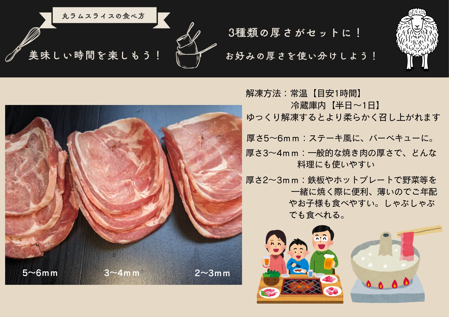 【厚さ３種類/食べ比べ/丸スライス】『ラムスライス』550g×6、超大容量の3.3kg【簡易鍋付き１枚】キャンプにオススメ！ BRTI020