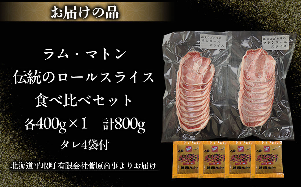 北海道民が愛するソウルフード！『ラム』・『マトン』伝統のロールスライス食べ比べセット 各400g×1　計800g 35mlタレ4袋付き BRTI026