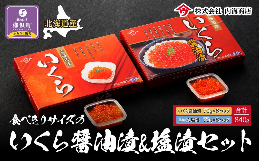 【新物】令和7年産　食べきりサイズのいくら醤油漬&塩漬セット 合計840g　｜北海道　様似町　いくら　イクラ　塩イクラ　塩　醤油イクラ　醤油　お取り寄せ　おつまみ　グルメ　