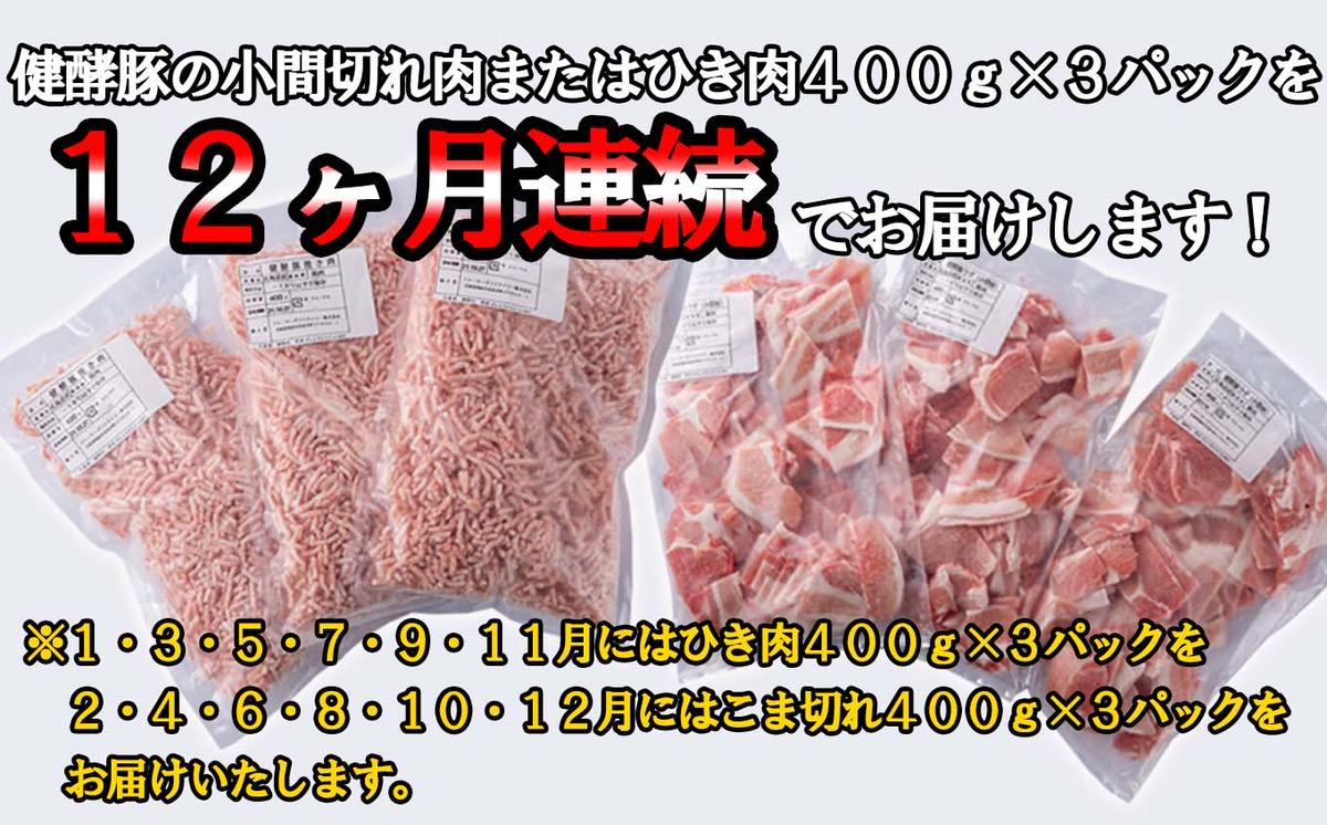 ＜定期便12回＞ 北海道産 健酵豚 小間切れ ＆ ひき肉 計 1.2kg (全14.4kg)