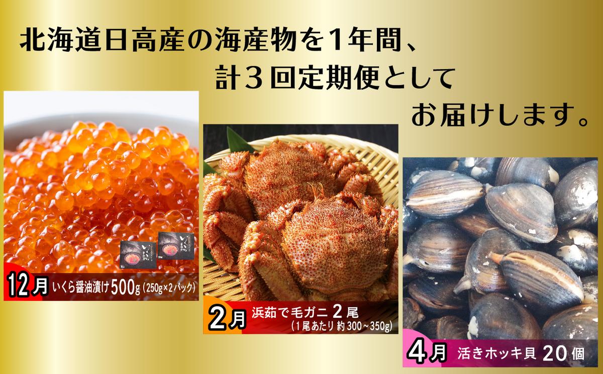 ＜2023年12月から順次発送＞【 定期便 3回 】 北海道産 海の幸 定期便 いくら 500ｇ ( 250 ｇ × 2 パック ) 毛がに 2尾 活きホッキ貝 20個 北海道 新ひだか町 ＜ 予約商品 ＞