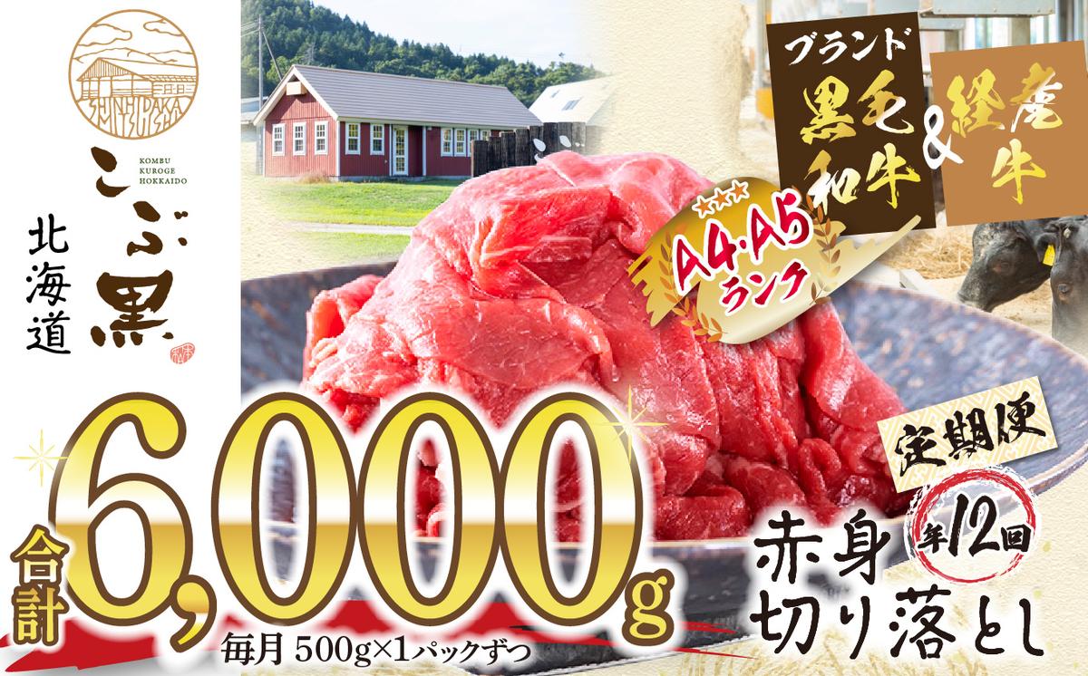 ＜ 定期便 12回 ＞ 北海道産 黒毛和牛 こぶ黒 赤身 切り落とし 500g （全 6kg ） 毎月 届く 牛肉 ブランド 和牛 訳あり 不揃い 牛 ビーフ 