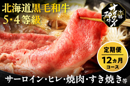 北海道 和牛肉 5・4等級 オレイン酸含有率55%以上 定期便 1年コース サーロイン ヒレ肉 焼肉 すき焼き 冷凍ハンバーグ|十勝ナイタイ和牛定期便 1年満喫12ヵ月コース