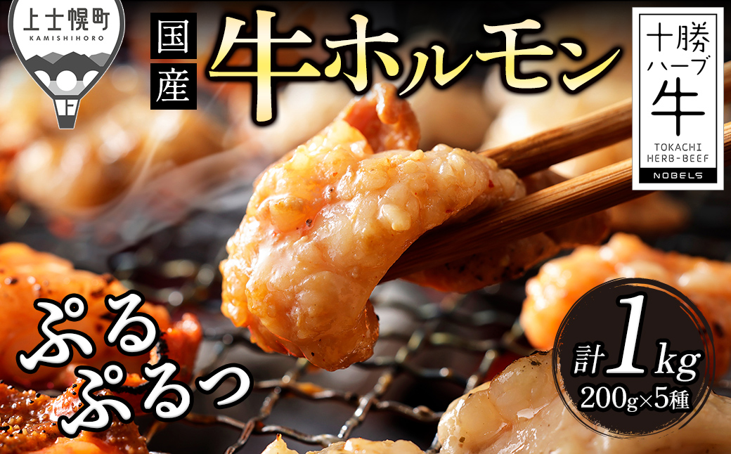 十勝ハーブ牛 国産 ホルモン ミックス 計1kg 味付き 小分け 個包装 200g×5種 ぷるぷる とろとろ 国産 北海道 牛 肉 牛肉 焼肉 キャンプ アウトドア バーベキュー BBQ 冷凍