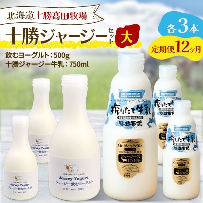 【毎月定期便】十勝ジャージーセット 大 各3本(飲むヨーグルト500g・牛乳750ml)全12回【配送不可地域：離島】【4085711】