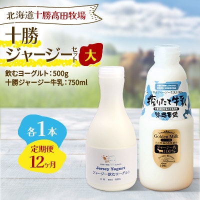 【毎月定期便】十勝ジャージーセット 大 各1本(飲むヨーグルト500g・牛乳750ml)全12回【配送不可地域：離島】【4085707】