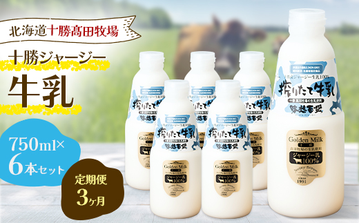 【毎月定期便】【十勝高田牧場】十勝搾りたてジャージー牛乳 750ml×6本セット全3回【配送不可地域：離島】【4085624】