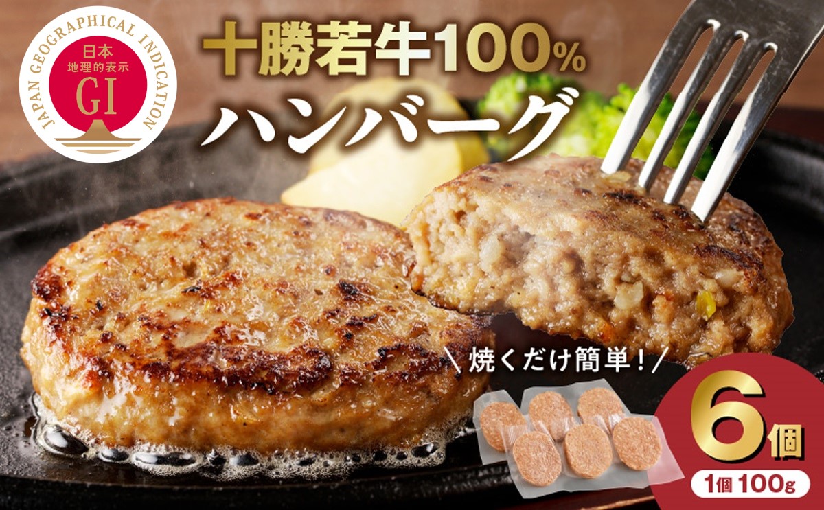 十勝若牛100％使用！ 十勝若牛 ハンバーグ 100g × 6個  【 おかず 赤身 ヘルシー 低カロリー 牛肉 肉 ブランド牛 国産 惣菜 小分け 豊かな旨味 贈り物 冷凍 お取り寄せ ギフト お中元 お歳暮 のし 熨斗 北海道 清水町 】