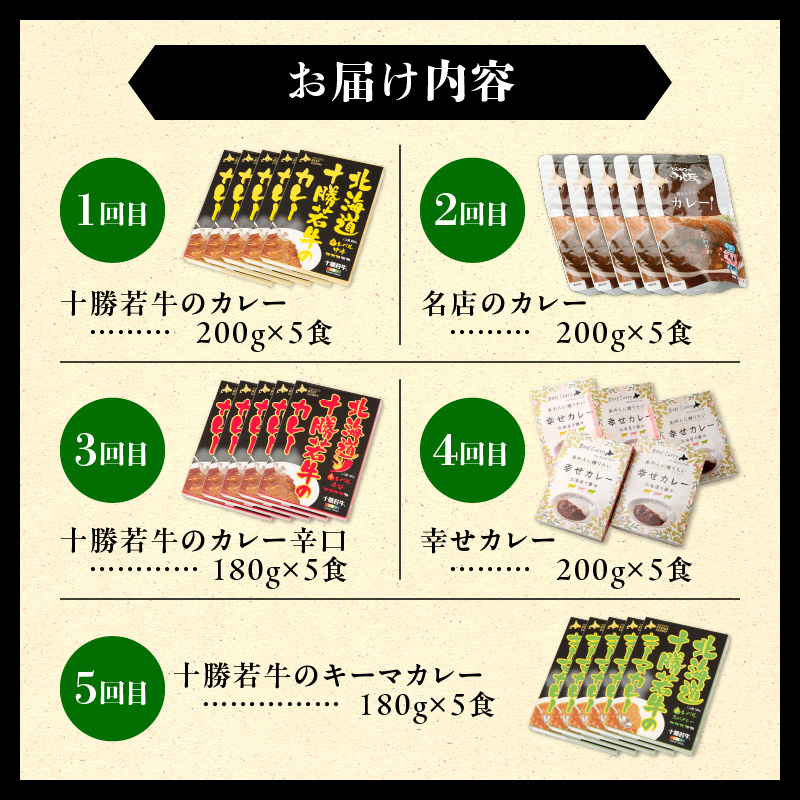 【5回定期便】清水町自慢のカレー食べ比べ定期便【十勝若牛 ブランド牛 赤身肉 レトルトカレー カレー 備蓄 災害 キャンプ飯 温めるだけ 湯煎 国産 惣菜 牛肉カレー ビーフカレー 贈り物 お取り寄せ 北海道 清水町】