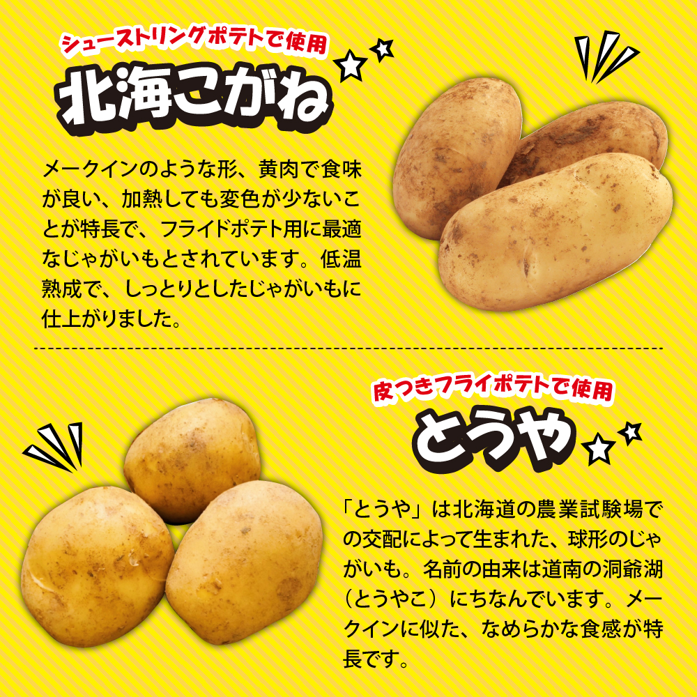【隔月3回コース定期便】北海道十勝芽室町  シューストリングポテトと皮付きフライポテト 各２袋セット me003-061-k3c／キャンプ飯 BBQ ソロキャン 冷凍 業務用 国産 大容量 食べ比べ お弁当 おつまみ 惣菜 じゃがいも