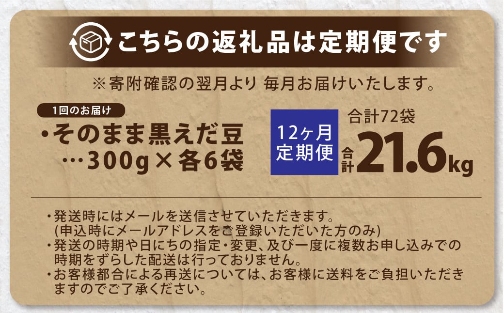 【12ヶ月定期便】そのまま黒えだ豆 約300g×6袋 計約21.6kg 枝豆 黒えだ豆 黒枝豆 えだ豆 えだまめ エダマメ おつまみ おやつ 定期便 12回 国産 冷凍 [018-0069]