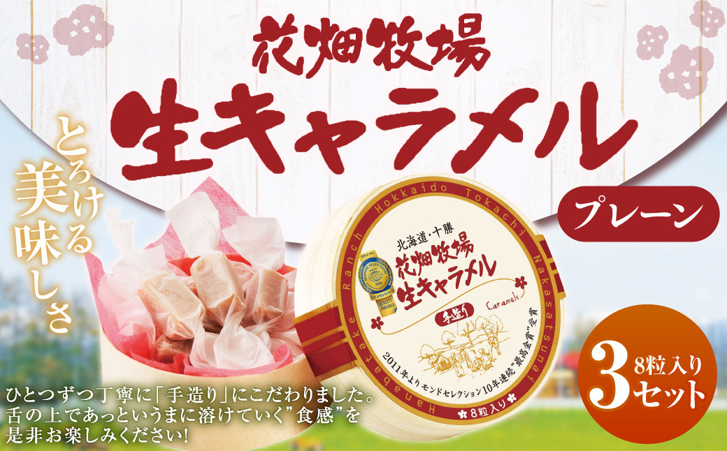 花畑牧場 生キャラメル プレーン 北海道産 8粒入り 3セット 計24粒 沖縄配送可 生 キャラメル スイーツ お菓子 おやつ 冷蔵 十勝 お土産 ご褒美 お取り寄せ 北海道 中札内村 [002-0082]