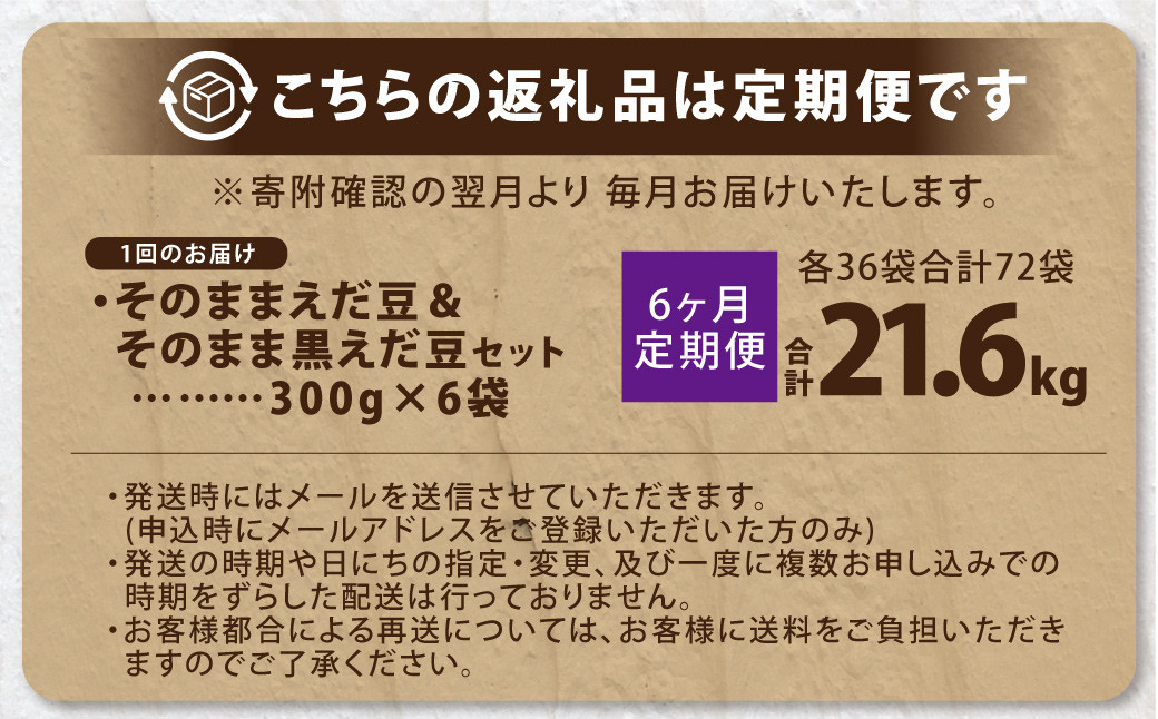 【6ヶ月定期便】そのまま枝豆 そのまま黒えだ豆 各約300g×6袋 計約21.6kg 枝豆 黒えだ豆 黒枝豆 えだ豆 えだまめ エダマメ おつまみ おやつ 定期便 6回 国産 冷凍 [018-0060x1]