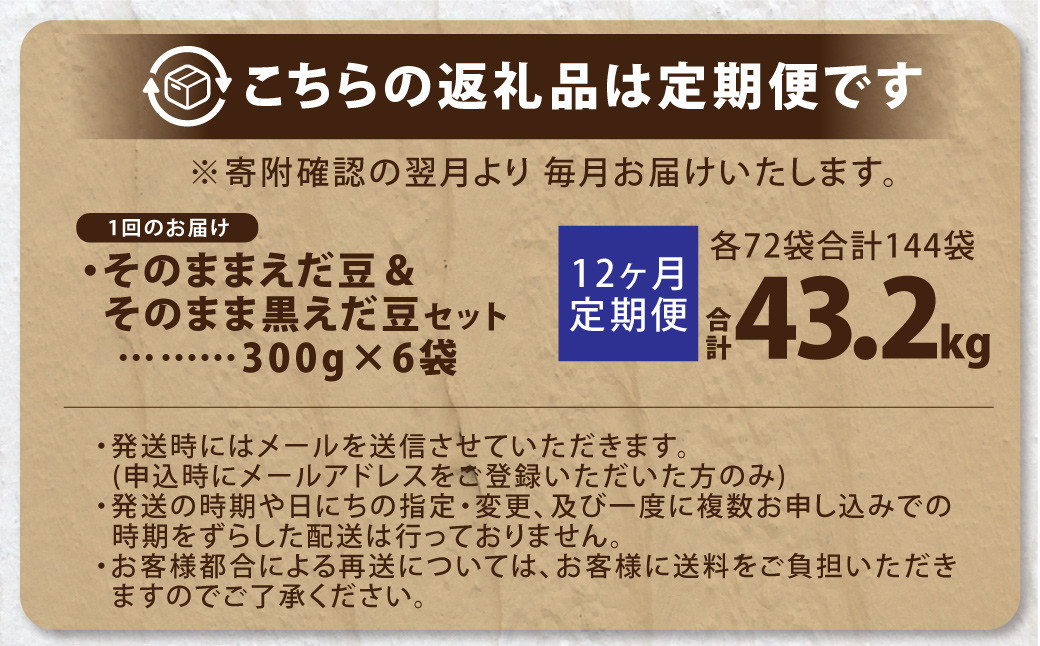 【12ヶ月定期便】そのまま枝豆 そのまま黒えだ豆 各約300g×6袋 計約43.2kg 枝豆 黒えだ豆 黒枝豆 えだ豆 えだまめ エダマメ おつまみ おやつ 定期便 12回 国産 冷凍 [018-0061x1]
