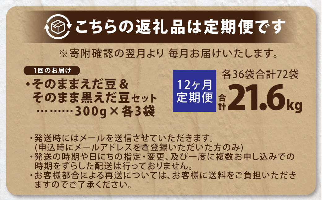 【12ヶ月定期便】そのまま枝豆 そのまま黒えだ豆 各約300g×3袋 計約21.6kg 枝豆 黒えだ豆 黒枝豆 えだ豆 えだまめ エダマメ おつまみ おやつ 定期便 12回 国産 冷凍 [018-0058x1]