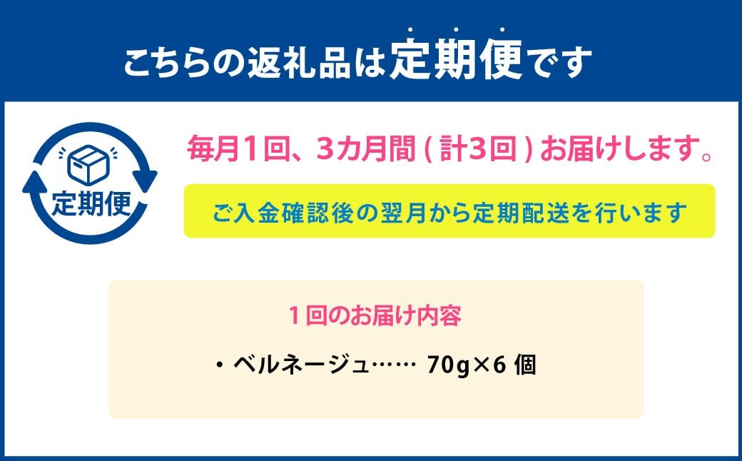 【3ヶ月定期便】 ベルネージュ 70g×6個セット 定期便3回 計18個 チーズ 白カビチーズ 生クリーム入り 白カビ 生乳 濃厚 おつまみ お酒のお供 おやつ 料理 乳製品 加工食品 [027-0115]