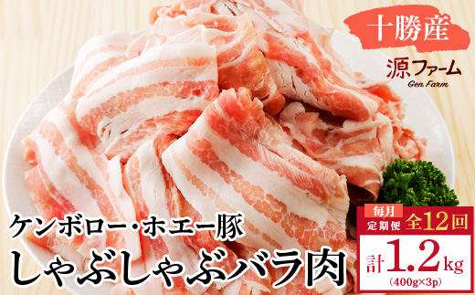 【毎月定期便】北海道十勝産 ホエー豚 しゃぶしゃぶバラ肉1.2kg(400g×3パック)全12回【配送不可地域：離島】【4010965】